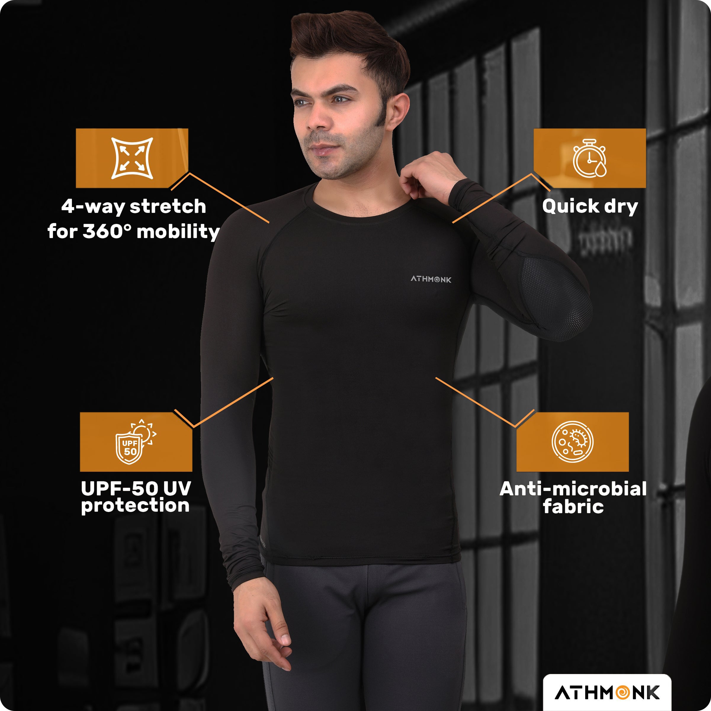 Athmonk Compression T-Shirt Vest Upper Body Shaper for Men Boys Branded - 4-Way Stretch Lycra Fabric - Workout Gym Cricket Running Football Sports Training - Keep Dry Tight Skin Fit - Round Neck